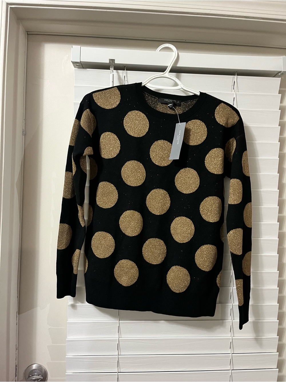 Ann Taylor Black Sweater with Gold Polka Dots